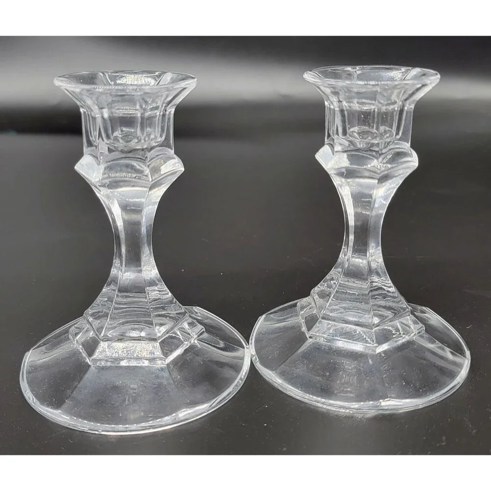 Clear Glass Candle Holders Pair Geometric Faceted Candlesticks Pedestal 4
